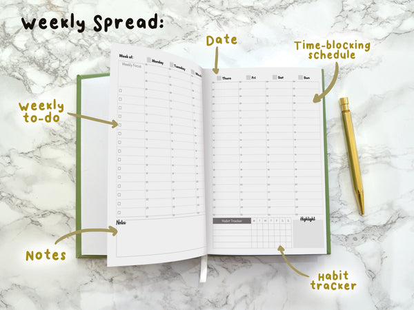 A5 Weekly Planner Diary | Undated Hardback - Abstract Green Floral