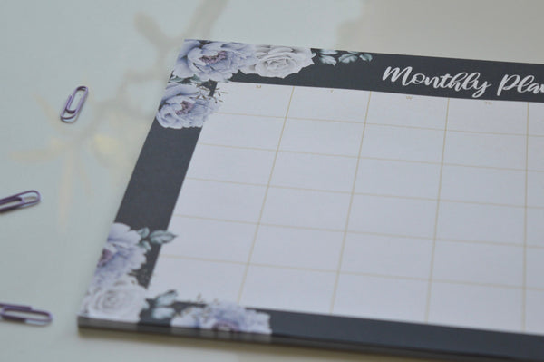 midnight roses A4 monthly planner pad with a calendar layout