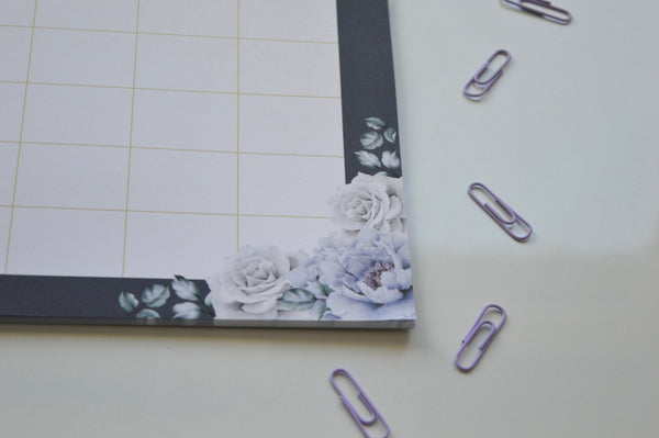midnight roses A4 monthly planner pad with a calendar layout