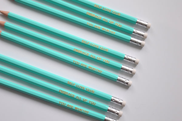 turquoise gold foiled self love pencils: self love club, you are worthy, embrace all of you